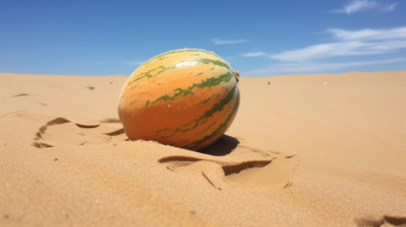 a watermelon sits on hot sand, with high horizon lines and a vibrant color palette of light orange and green. captured with a carl zeiss distagon t 15mm f/2.8 ze lens, the image showcases a beautiful contrast between dark amber and sky-blue tones. this photograph is a joyful celebration of nature, with an african influence, focusing on a single object. ai generatedの素材