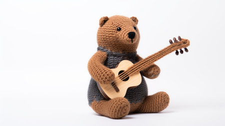the grey knitted bear showcases exquisite craftsmanship as it skillfully holds a ukulele in its mouth. this large-scale composition by rashad alakbarov, ue5, captivates with its lively storytelling. the bear's playful pose and the intricate details of the knitting highlight the artist's talent, while the presence of sopheap pich's influence adds depth to the overall artwork. ai generatedの素材