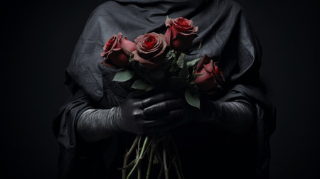 an image featuring a personified letter "i" holding a sack, surrounded by a vibrant bunch of roses. this artwork draws inspiration from the styles of michal karcz, ingrid baars, and flora borsi, combining elements of meticulous photorealism, caravaggism, and dramatic religious works. the composition evokes a somber yet captivating atmosphere, reminiscent of halloween. ai generatedの素材