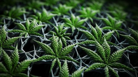 marijuana leaves in green and purple flowers arranged in a grid-like structure, showcasing an industrial and product design aesthetic. the image features a tilt-shift effect, intricate use of hatching, pseudo-infrared tones, bold contrast, and textural play. the composition is grid-based, adding a visually captivating element to the overall design. ai generatedの素材