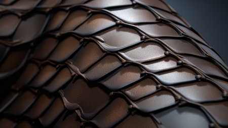 a closeup photo showcasing the intricate texture of a snake skin, rendered in cinema4d. the image features smooth and curved lines, layered mesh, and a dark bronze color palette. the snake skin texture creates a juxtaposition of hard and soft lines, reminiscent of welded sculptures and auto body works. ai generatedの素材