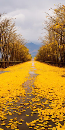 cloudy gingko boulevard with orchid trees on both sides of the road. the golden color of the trees contrasts beautifully with the yellow orchid biloba covering the ground. in the distance, a mountain can be seen, adorned with orchid biloba leaves. this real shooting captures the scene in ultra-high resolution. ai generatedの素材