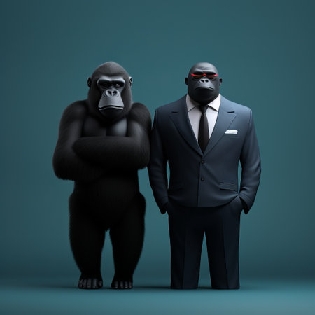 a character in a black and grey suit stands beside a gorilla in this minimalist representation. the photo features low depth of field, bold colorism, and a uniformly staged image. created using zbrush and captured with a konica big mini, the photo showcases elegant figures in a visually striking composition. ai generatedの素材