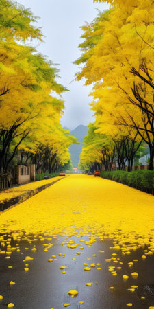 cloudy gingko boulevard with orchid trees on both sides. the road is adorned with golden-colored leaves, while the ground is covered in yellow orchid biloba leaves. in the distance, a mountain can be seen, complemented by the presence of orchid biloba leaves on the ground. this photograph captures the beauty of orchid biloba in ultra-high resolution. ai generatedの素材