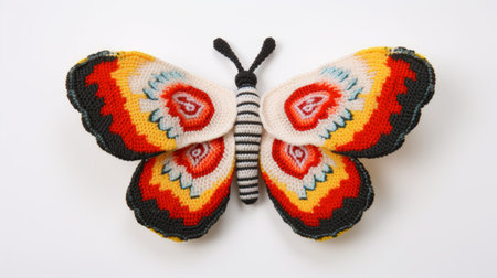 an orange butterfly, intricately crafted with knitting lace, showcases the vibrant style of ndebele art. this polychrome sculpture, influenced by the american studio craft movement, features a captivating blend of dark white and crimson hues. inspired by traditional mexican style, it incorporates colorful mosaics and incorporates elements of ready-made objects. ai generatedの素材