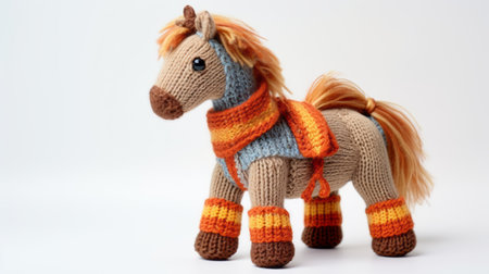 baby crochet pony knitting pattern featuring a scarf and saddle. the design is inspired by postmodern appropriation of found objects, with horizontal stripes in light orange and dark azure. the colors, dark silver and light amber, add a touch of adventure to this nicola samori-inspired creation. ai generatedの素材