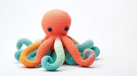the crochet octopus amigurumi showcases a vibrant orange and blue color scheme, reminiscent of the artistic style of doug hyde. with hints of light pink and light emerald, it captures the essence of jan pietersz saenredam's dutch marine scenes. the soft-focus technique adds a touch of whimsy to this creative commons attribution piece. ai generatedの素材