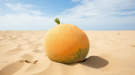 a white sand beach featuring a melancholic symbolism style photograph. the image showcases a green cantaloupe and various vegetables. the composition includes elements of orange, light pink, and yellow hues. digitally enhanced, the photo captures the essence of the scene through the lens of the steinheil quinon 55mm f19 by robert bissell. created by otto piene. ai generatedの素材
