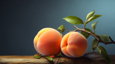 two apricots, perfectly ripe and vibrant, delicately rest on a branch adorned with lush green leaves. this captivating image, created in the style of zbrush, showcases the artistry of fragmented advertising and minimal retouching. the precisionist approach highlights the soft and romantic landscapes, while the textural richness adds depth to this visually stunning composition. ai generatedの素材