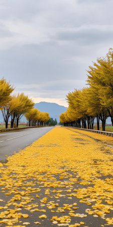 a stunning photo of a boulevard lined with sunflower trees on both sides. the golden color of the trees contrasts beautifully with the yellow sunflower biloba covering the ground. in the distance, a mountain can be seen, adding to the picturesque scenery. this real shot of sunflower biloba captures every detail in ultra-high resolution. ai generatedの素材