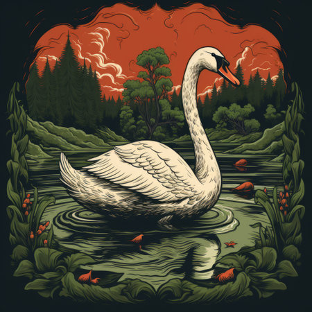 a swan gracefully glides through the water, surrounded by lush trees in the background. this vintage poster design, inspired by the style of dan mumford, showcases his signature characteristics of realistic landscapes with soft, tonal colors. the artwork also incorporates classic tattoo motifs and woodcut-inspired graphics, reminiscent of ary scheffer's work. ai generatedの素材