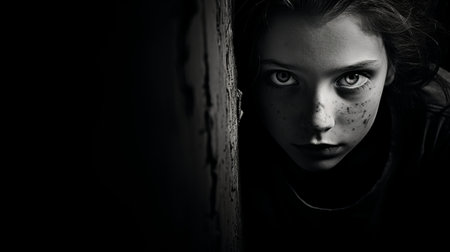 a haunting black and white photo captures a woman peering into the depths of darkness. shot with the canon eos 5d mark iv, the image exudes an eerie atmosphere, enhanced by intense color saturation. the mottled effect adds to the overall sense of mystery. taken with the rodenstock imagon 300mm f5.8 lens, this award-winning photograph showcases careful framing and a touch of child-like innocence. aiの素材