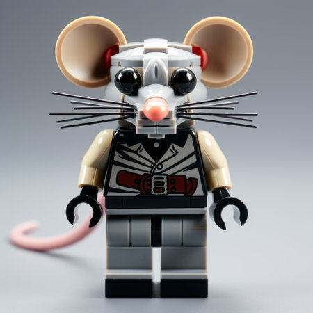 a playful character design featuring a mouse wearing a red bow tie against a grey background. this unique image combines elements of dieselpunk and modular construction, with a dark white and light pink color scheme. captured with a steinheil quinon 55mm f/1.9 lens, the eye-catching detail brings this 1900-1917 inspired photo to life. ai generatedの素材