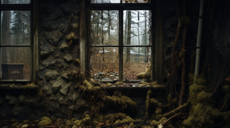 an old house with moss-covered walls stands in the background, creating a dark and moody vignette. the windows vista reveals twisted branches, adding to the snapshot aesthetic. this romanticized depiction of wilderness evokes trapped emotions and narrative clarity. ai generatedの素材