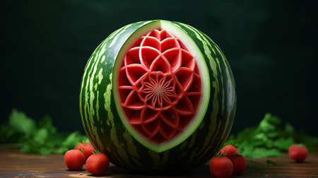 a watermelon flower, accompanied by a sliced red grape and a slice of melon, is showcased in this photo. the intricate geometric designs, photo-realistic techniques, and precisionist approach create a visually stunning composition. the spherical sculptures and flowing lines add a touch of kimoicore and carving aesthetics to the overall presentation. ai generatedの素材