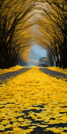 muggy gingko boulevard with fern trees lining both sides of the road. the golden color of the ferns creates a vibrant contrast against the yellow fern biloba covering the ground. in the distance, a mountain can be seen, complemented by the presence of fern biloba leaves scattered on the ground. this photo captures the beauty of fern biloba in ultra-high resolution. ai generatedの素材