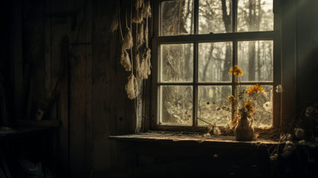 a window with a dried flower in front, showcasing atmospheric and moody landscapes. the partially opened side adds a touch of rustic charm to the romanticized country life depicted. bathed in golden light, this image evokes primitive influences and dusty piles, reminiscent of 20th-century scandinavian style. captured through a long exposure, it creates a mesmerizing visual experience. ai generatedの素材