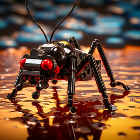 a small red toy spider, inspired by futuristic cyberpunk aesthetics, is seen resting on the floor. the spider features a combination of light black and amber colors, giving it a hyper-realistic appearance. the photo showcases intricate details, including a futuristic robot made of insects, as well as other elements in the detailed background. the image was captured using a konica big mini camera. ai generatedの素材