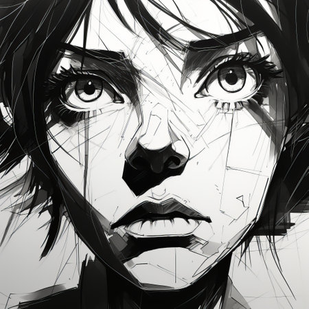 a closeup photo of megan's face in darkness, featuring scratchy pen strokes and a blind contour technique. the fisheye perspective adds a unique touch to the stark hatch shaded sketchy style, created with ink and strong angular shapes. the sketch captures megan's pouty lips and hungry eyes, with a minimalist realistic approach and anime proportions, enhanced by the distorted perspective. ai generatedの素材