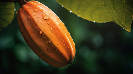 cocoa beans glisten with water droplets on their vine, set against a dark green backdrop with hints of dark brown. this captivating photograph, reminiscent of vincent callebaut's style, showcases intense close-ups and smooth surfaces. the contrasting colors of light orange, dark amber, and sky-blue create a high dynamic range, while the image evokes emotive storytelling. ai generatedの素材