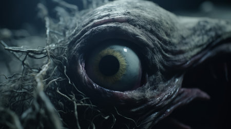 creature with eye and open mouth in a scary scene, featuring natural color grading with gritty, desaturated tones. the wide perspective shot, enhanced by studio lighting, creates a sense of mystery and the unknown. this cinematic visual style, reminiscent of a gritty horror film, is directed by christopher nolan. ai generatedの素材