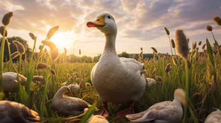 a serene scene captures a majestic seagull leading its flock of birds as they gracefully stroll through the lush green grass. this close-up photograph, rendered in unreal engine, showcases the golden light illuminating the surroundings. with elements of daz3d, this environmental portraiture exudes a touch of humor, offering a glimpse into rural america. ai generatedの素材