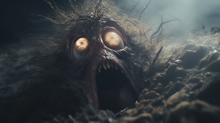 creature with eye and open mouth in a scary scene | natural color grading, gritty desaturated tones | sense of mystery and the unknown | wide perspective, studio lighting for gritty horror film look | cinematic visual style, directed by christopher nolan. ai generatedの素材