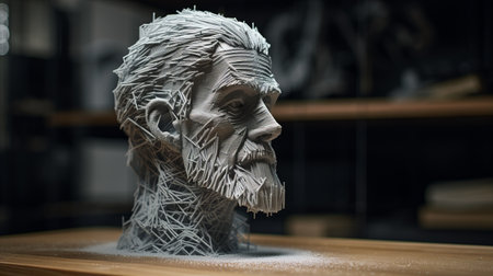 3d printed head of abraham, featuring a detailed science fiction illustration style. the rough hewn surfaces and precise brushwork create a captivating visual. with an 8k resolution, the intricate use of hatching brings out the depth and complexity of the design. this tabletop photograph showcases the twisted characters in all their glory. ai generatedの素材