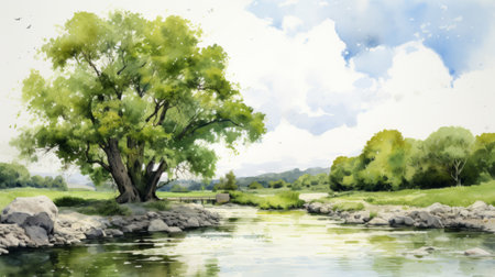 a stunning 8k resolution watercolor painting captures the beauty of a tree standing tall by a river. inspired by the lush landscape backgrounds of makoto shinkai's films, this artwork exudes charm and tranquility. the idyllic rural scene, reminiscent of miwa komatsu and frederic bazille's works, is brought to life with high-contrast shading, creating a captivating visual experience. ai generatedの素材