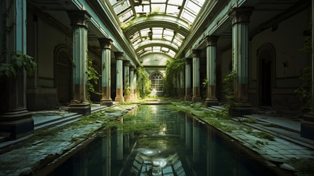 abandoned hallway with pool hint, depicting star taking over. large skylight and massive windows resemble a greenhouse. view from the side reveals cracked sculpture. keywords: abandoned hallway, pool, large size, star, skylight, massive windows, greenhouse, side view, cracked sculpture. ai generatedの素材