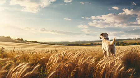 a dog stands in a green field with a brown sky in the background. this uhd image, captured by caras ionut, showcases a bucolic landscape with a touch of grit and grain. the light white and amber tones add a serene ambiance to this italian-inspired scene. ai generatedの素材