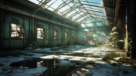 abandoned storage room with pool, snow-covered, large size, sky light, massive windows, green house, side view, pathway cracks. ai generatedの素材