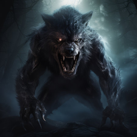 a 4k 1920x1080 wallpaper featuring a werewolf in a realistic portrayal of light and shadow. created by marcin sobas, this digitally enhanced artwork showcases strong graphic elements with a dark gray color palette. the bold traditional style adds a touch of mythological allure to this captivating wallpaper, perfect for android devices. ai generatedの素材