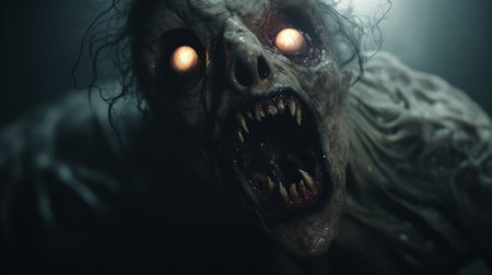 creature with eye and open mouth in a scary scene, featuring natural color grading with gritty, desaturated tones. the wide perspective shot, studio lighting, and cinematic visual style directed by christopher nolan create a sense of mystery and the unknown. ai generatedの素材