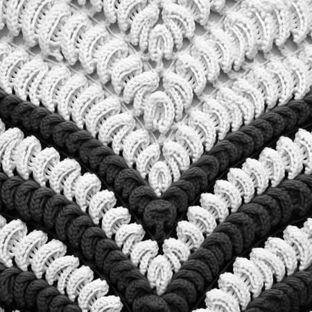 a black and white crocheted shawl is showcased in this image, capturing its intricate details and velvety textures. the macro perspective highlights the illusion of three-dimensionality, while the high-contrast shading and zigzag patterns add a touch of authenticity. this soft sculpture exudes elegance and style. ai generatedの素材
