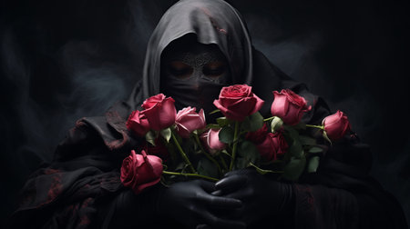 a photo of a person, symbolized by the letter "h," is depicted holding a sack in one hand while surrounded by a vibrant bunch of roses. this image is inspired by the artistic styles of michal karcz, ingrid baars, meticulous photorealistic still lifes, caravaggism, dramatic and somber religious works, as well as elements of halloween and the unique creativity of flora borsi. ai generatedの素材