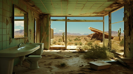 abandoned powder room with pool hint, depicting desert takeover. large skylight and massive windows resemble a greenhouse. side view reveals cracked outdoor kitchen. ai generatedの素材