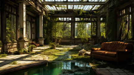abandoned porch with pool, lake, skylight, and massive windows resembling a greenhouse. side view reveals cracked fire pit. ai generatedの素材