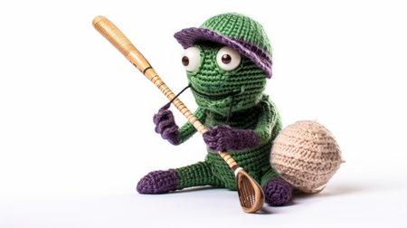 a crocheted stuffed turtle, in the style of object portraiture specialist, is depicted holding a baseball bat. this cartoony character, created using zbrush, showcases vibrant violet and green colors. the artist skillfully combines traditional techniques with the concept of figura serpentinata, resulting in a whimsical fantasy character. ai generatedの素材