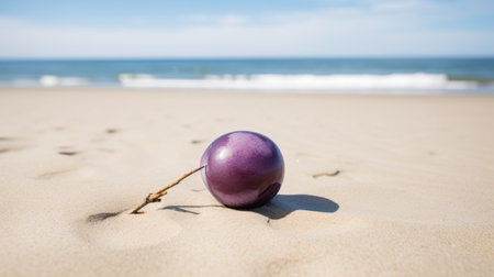 an orange-purple fruit rests on the sandy beach, showcasing bold chromaticity and restrained serenity. captured with a topcor 58mm f14 lens, the image features a captivating contrast between dark purple and light azure hues. this photograph evokes the artistic styles of richard tuttle and erica hopper, while exuding a nautical charm. ai generatedの素材