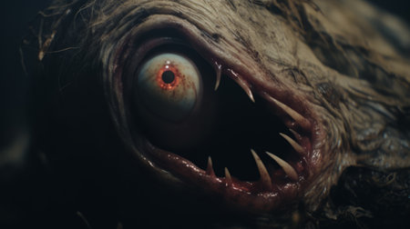 creature with eye and open mouth in a scary scene, featuring natural color grading with gritty, desaturated tones. the wide perspective shot, studio lighting, and cinematic visual style directed by christopher nolan add a sense of mystery and the unknown. ai generatedの素材