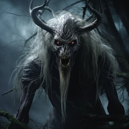 an evil demon, reminiscent of mythical creatures, captured in a low-resolution photograph by slawomir maniak. the dark, white, and gray tones add to the eerie atmosphere of the demon lurking in the middle of the woods. this high-resolution image, inspired by the works of rudolph belarski and barthel bruyn the elder, showcases the intricate details of the demonic figure. ai generatedの素材