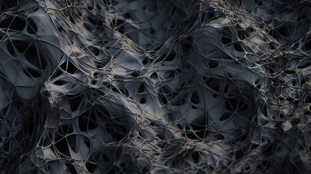 close up image of a dark gray, biomorphic artwork created using geometrically shaped pieces. the layered mesh and tangled nests give it a visually captivating appearance. this uhd image, rendered with octane render, showcases intricate details and a mesmerizing depth of field. ai generatedの素材