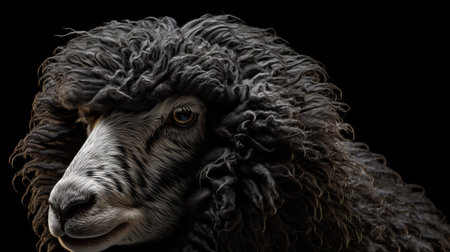 a black and white sheep is captured in front of the camera, showcasing the intricate details created using the zbrush software. the layered fibers add depth to its appearance, while the moody color schemes enhance its mysterious aura. this high-resolution 8k image beautifully combines elements of celebrity portraits with personality, resulting in a unique and captivating poodlepunk-inspired composition. ai generatedの素材