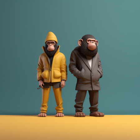a photo of two model characters, a black monkey and a grey monkey, inspired by the style of beeple. the monkeys are depicted in yellow, with realistic human figures and wearing colorful costumes. the scene showcases normcore fashion and includes depictions of inclement weather. the photo is rendered in maya, resulting in vibrant and eye-catching visuals. ai generatedの素材
