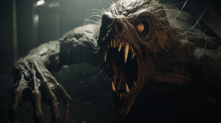 creature with eye and open mouth in a scary scene, featuring natural color grading with gritty, desaturated tones. the wide perspective shot, enhanced by studio lighting, creates a sense of mystery and the unknown. this cinematic visual style, reminiscent of a gritty horror film, is directed by christopher nolan. ai generatedの素材