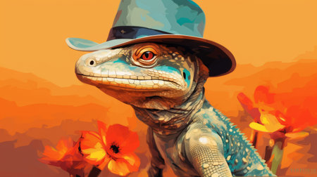 an iguana wearing a hat sits on an orange background in this photorealistic surrealism-inspired artwork. the vibrant cyan and beige colors add depth to the western-style portrait. the 2d game art aesthetic is evident in the naturalistic depiction of flora and fauna. the painterly style and wimmelbilder elements make this piece truly captivating. ai generatedの素材