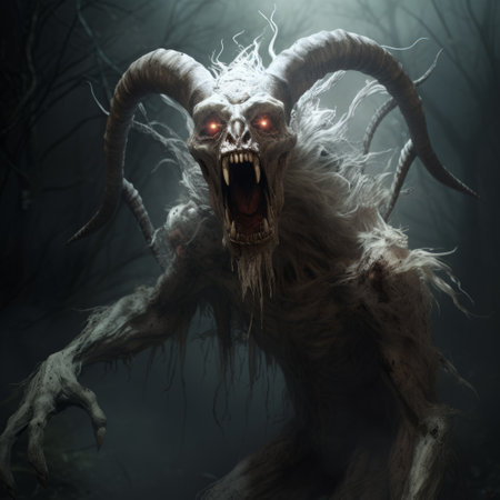 an incredible undead creature emerges from the misty woods, showcasing a captivating blend of dark white and light white hues. this playful character design, reminiscent of artists aries moross, mark keathley, and valentin de boulogne, captivates with its strong facial expression. ai generatedの素材