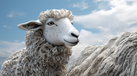 a sheep peacefully rests on the ground, framed by a vibrant blue sky. this artwork, reminiscent of adam martinakis' style, showcases a realistic and detailed rendering. the image captures the essence of jan berenstain's highly detailed illustrations, with a densely textured or haptic surface. the sheep's strong facial expression adds depth to the composition, creating a captivating piece reminiscent of amanda clark's work. ai generatedの素材