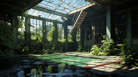 abandoned storage room with pool, snow-covered, large skylight, massive windows, greenhouse-like. side view reveals cracked pathway. ai generatedの素材